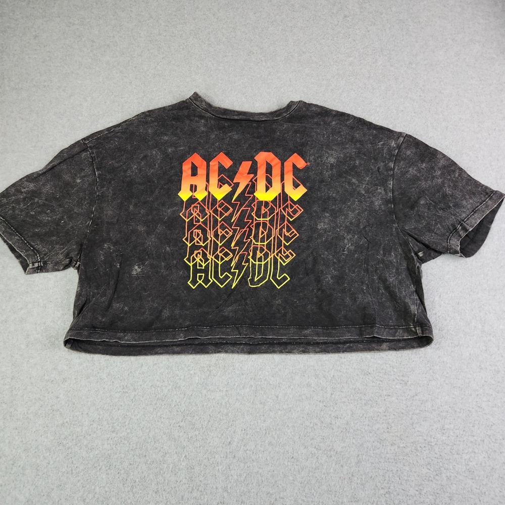 AC/DC Graphic T-Shirt Womens L Gray Acid Wash Cropped Boxy Rock Band Crewneck